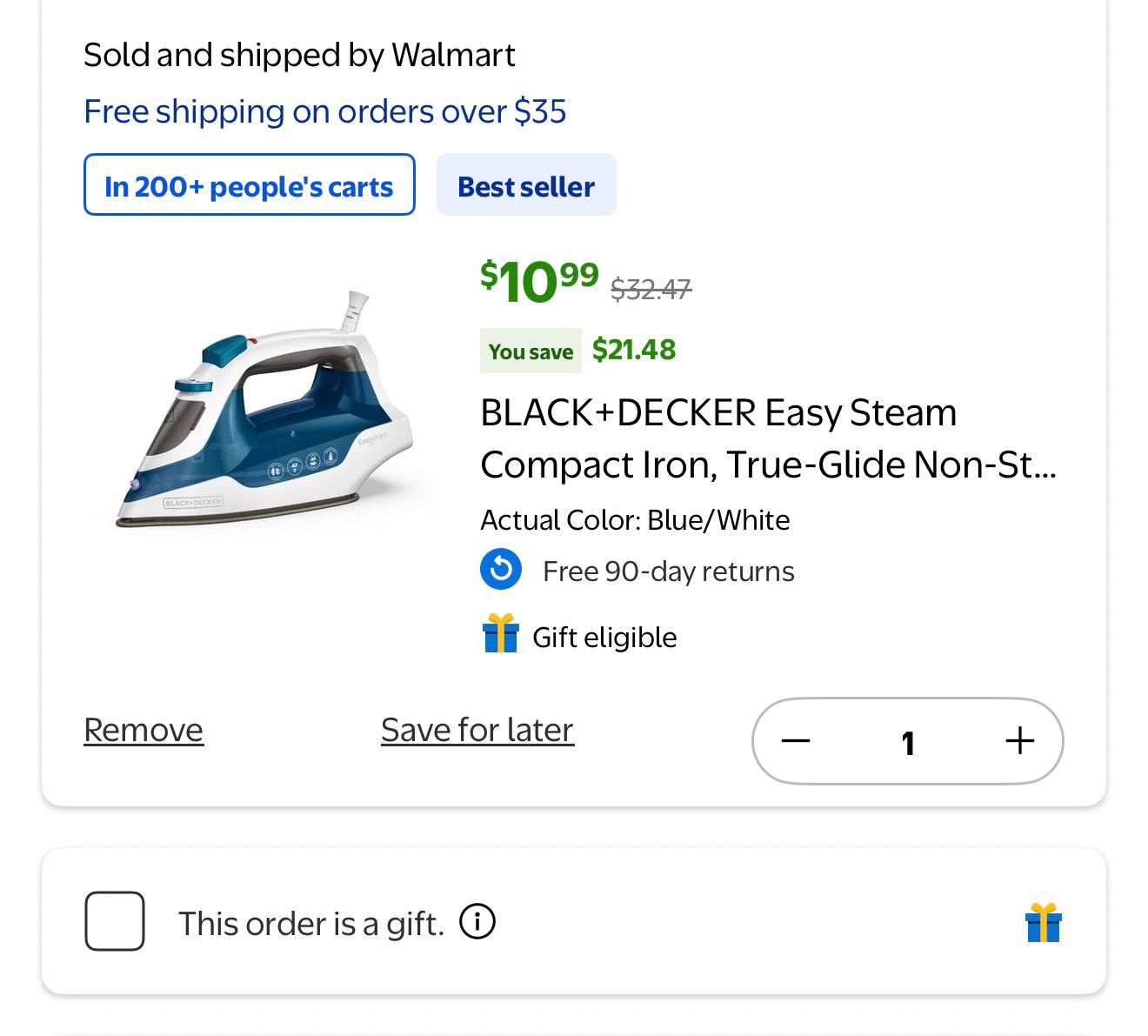 BLACK DECKER Easy Steam Compact Iron, True-Glide Non-Stick Soleplate