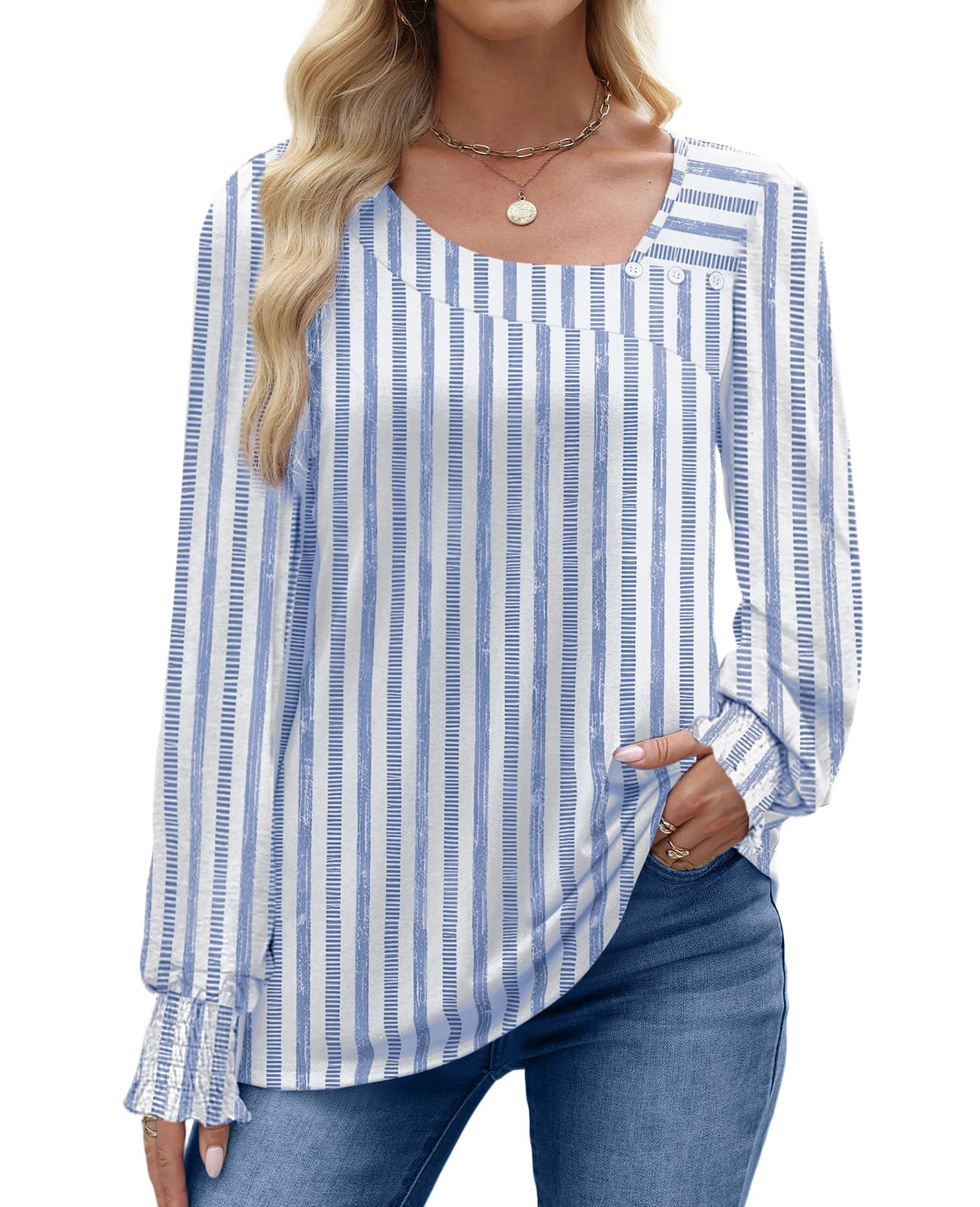 Uvn Fall Square Neck Tops For Women Long Sleeve Blouse Ladies Dressy Button Shir