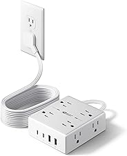 10Ft Extension Cord with 8 Outlets & 4 USB Ports, Flat Plug Design