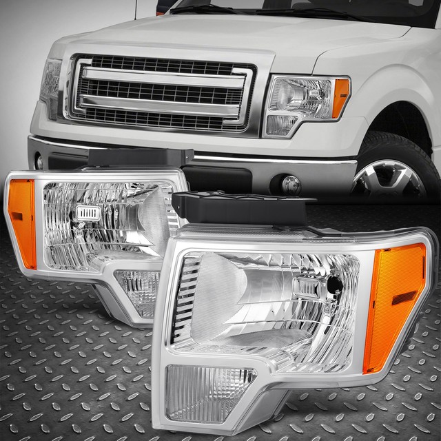For 09-14 Ford F150 Pickup Chrome Housing Amber Corner Headlight Lamps