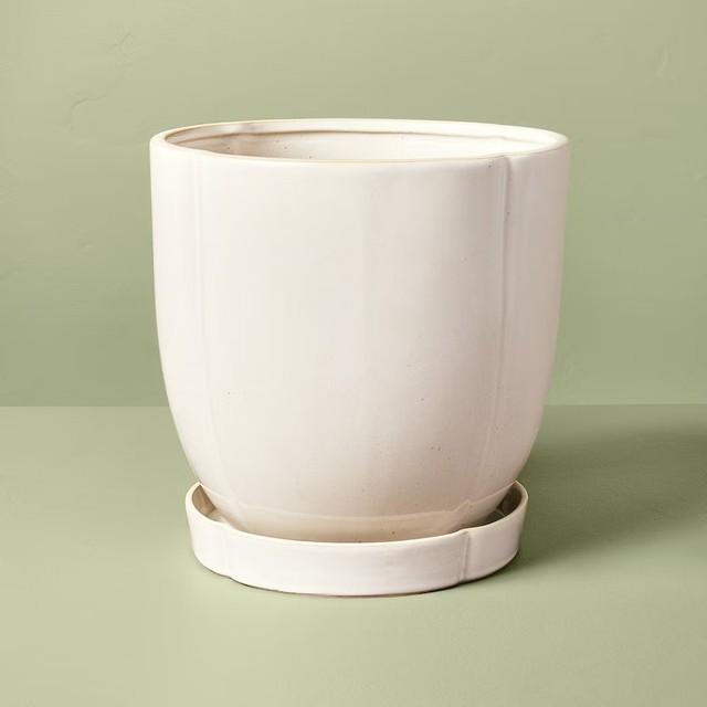 9.5" Cream Stoneware Indoor/Outdoor Planter Pot with Saucer - Hearth & Hand