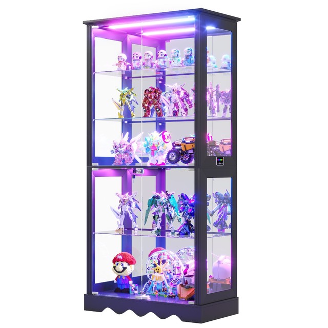 Curio Cabinet with Glass Doors and RGB Light for Collectibles