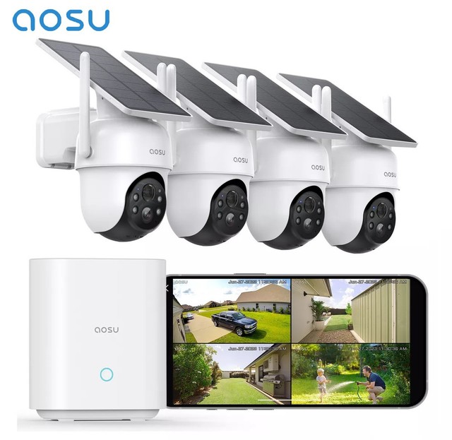 AOSU Solar Wireless Security Camera System 4 Cam Kit 2K Color Night Vision