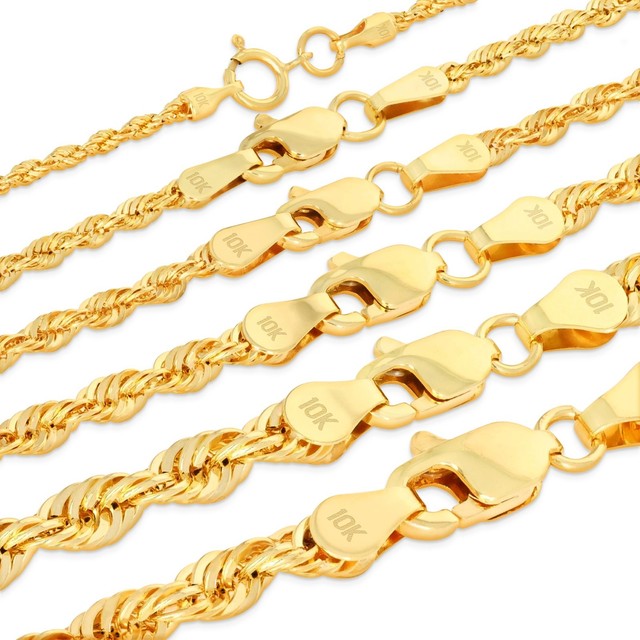 10K Yellow Gold 1mm-4mm Laser Diamond Cut Rope Chain Necklace 16"-30"