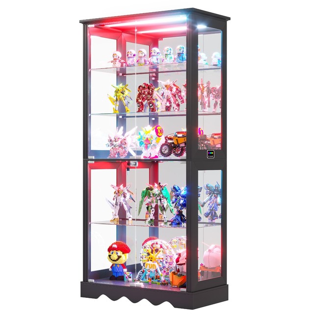 Display Cabinet with Glass Doors and RGB Lights for Collectibles