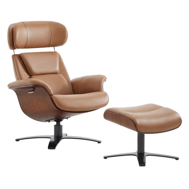 CHITA Genuine Leather Reclining Swivel Chair with Adjustable Headrest and Ottoman