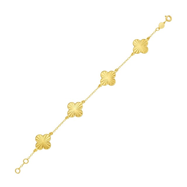 14k Yellow Gold 7.25" Clover Flower Chain Link Bracelet - 4 Stations
