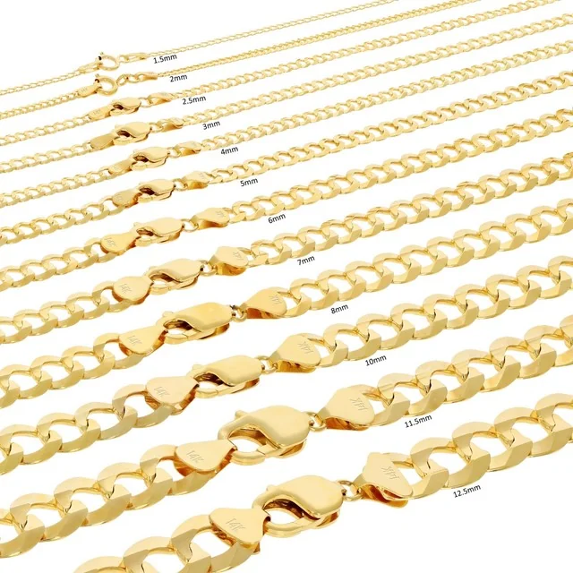 14K Yellow Gold Solid 1.5mm - 12mm Curb Chain Cuban Link Necklace Bracelet 7inch - 30inch